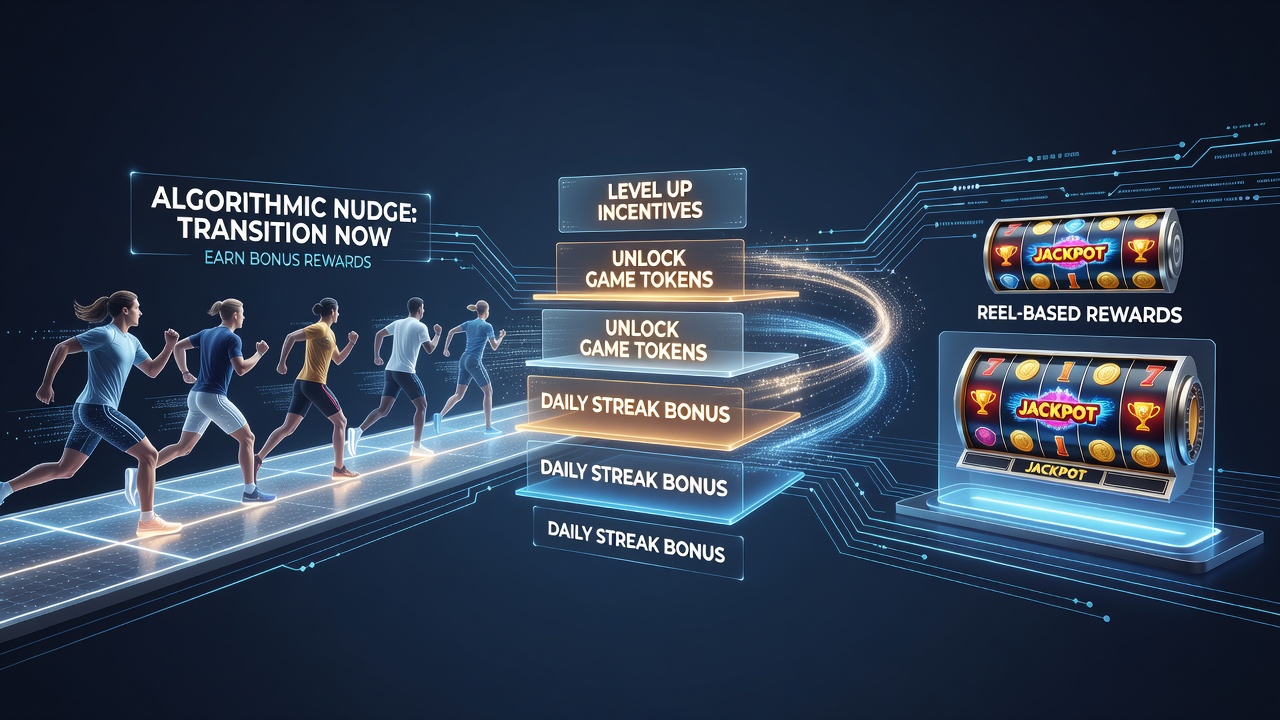 Mobile interface showing algorithmic prompts transitioning users from sports betting sections to slot game recommendations with layered reward indicators