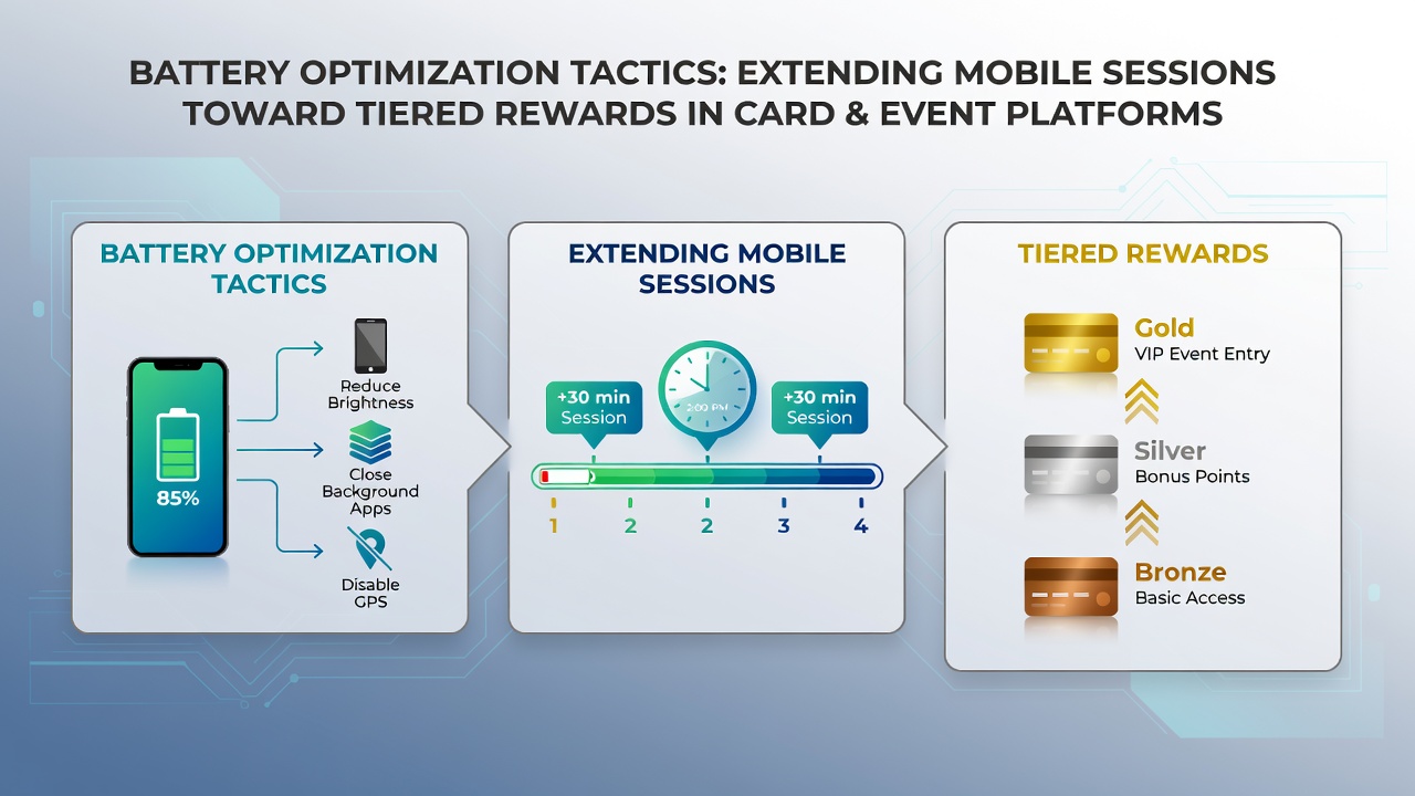 Mobile device screen showing battery optimization settings alongside card game and event platform interfaces