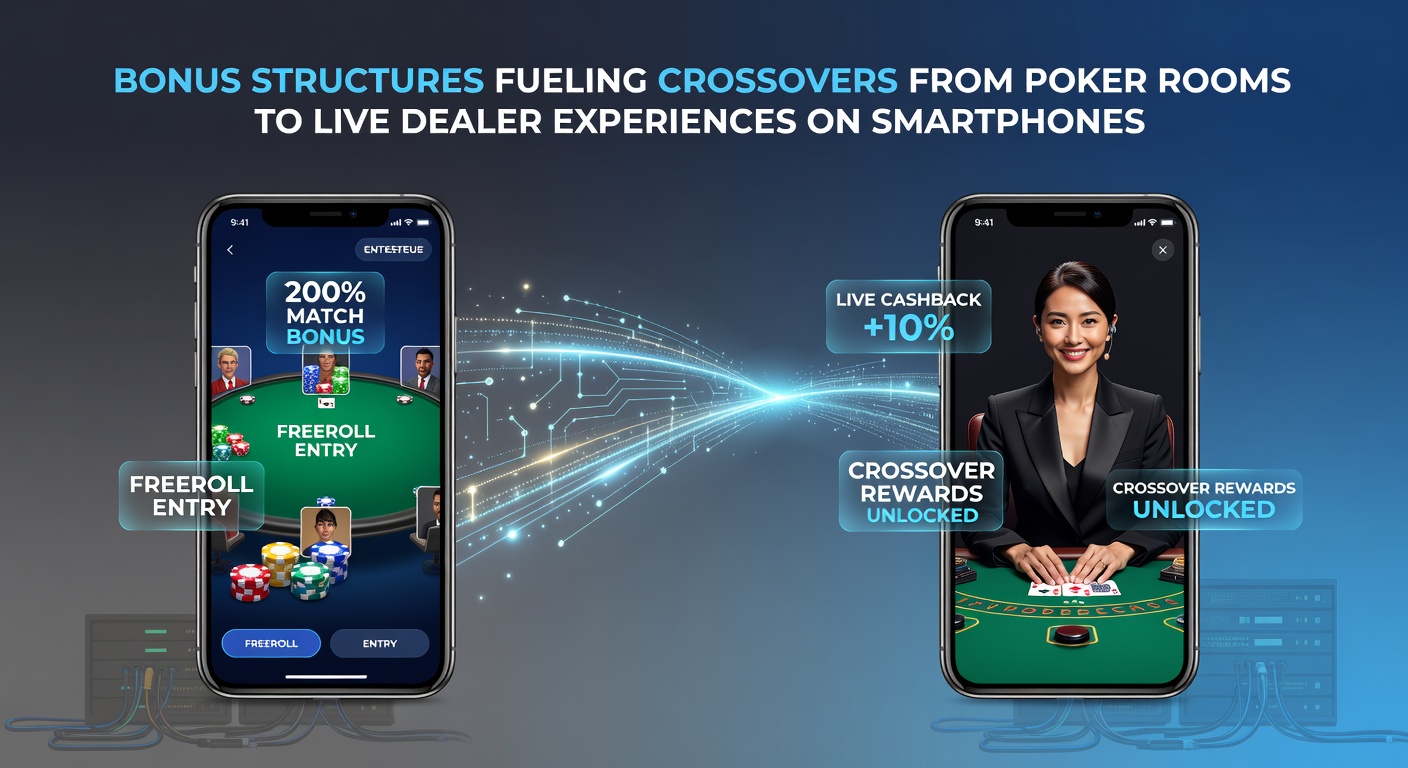 Live dealer table interface on mobile device with active poker-to-live bonus tracker and chip balance
