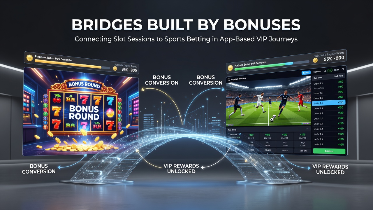 Illustration of interconnected gaming modules with bonus pathways linking slots to sports events in a VIP dashboard
