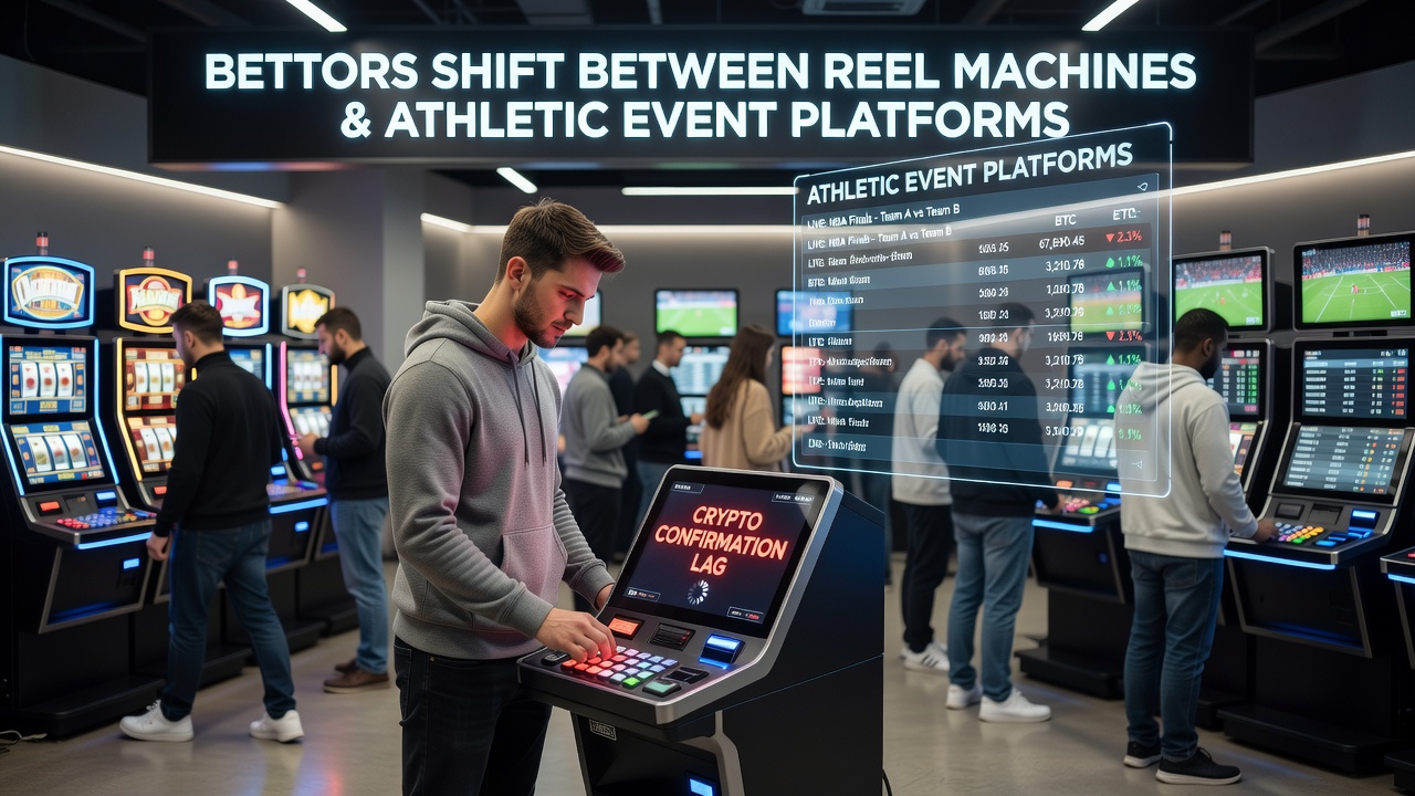 Bettors navigating between slot machines and sports betting platforms due to crypto transaction delays