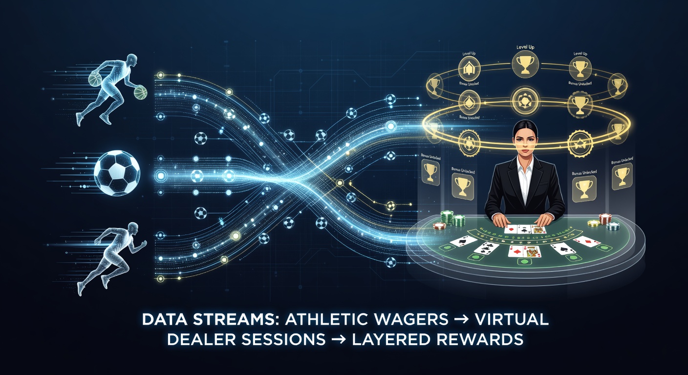 Visualization of data streams linking sports betting platforms to live dealer casino interfaces via integrated reward systems