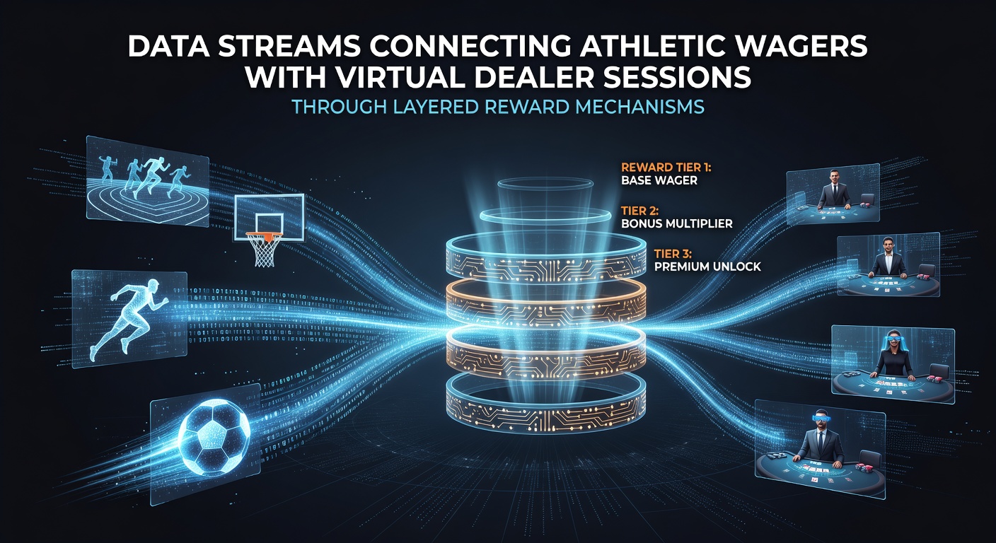 Flow diagram showing layered reward mechanisms bridging sports wagers and virtual dealer gameplay through shared data pipelines