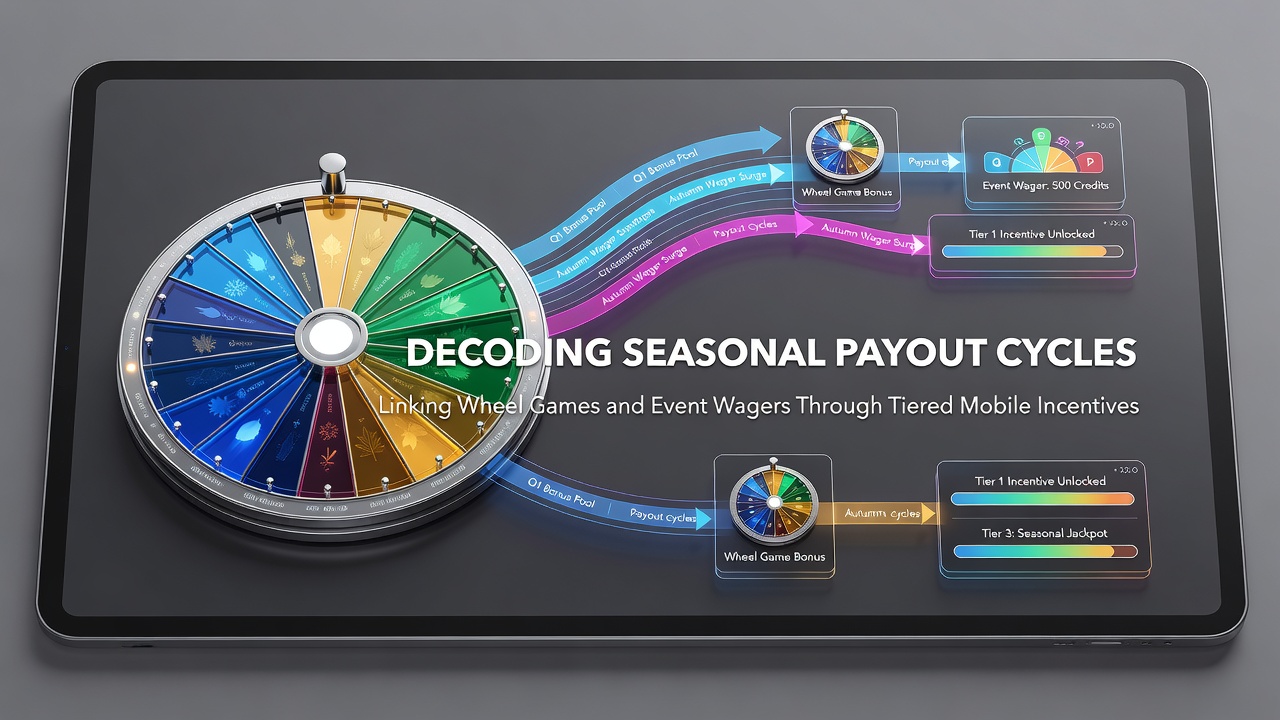 Mobile app interface showing seasonal payout cycles between wheel games and sports event wagers with tiered incentives highlighted