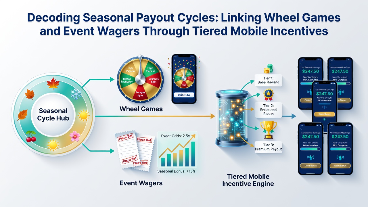 Diagram illustrating tiered mobile incentives connecting wheel games and sports event wagers during seasonal cycles