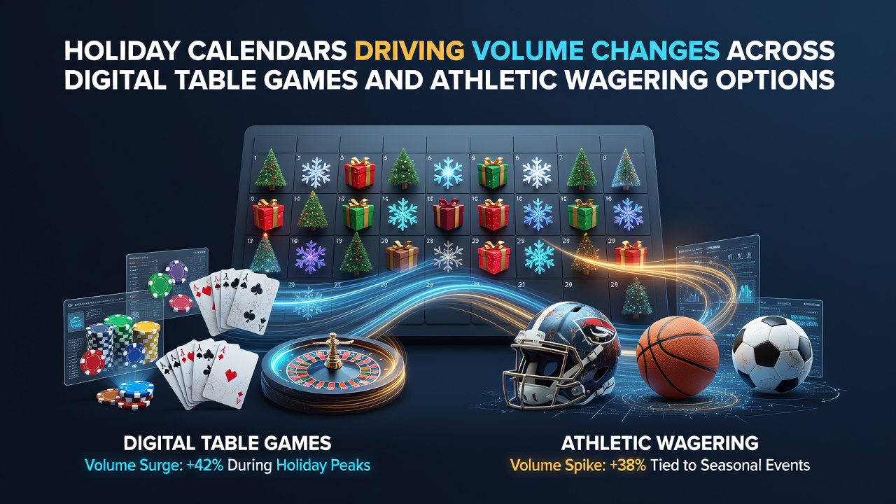 Digital interface showing holiday-themed table games and sports betting options with volume charts