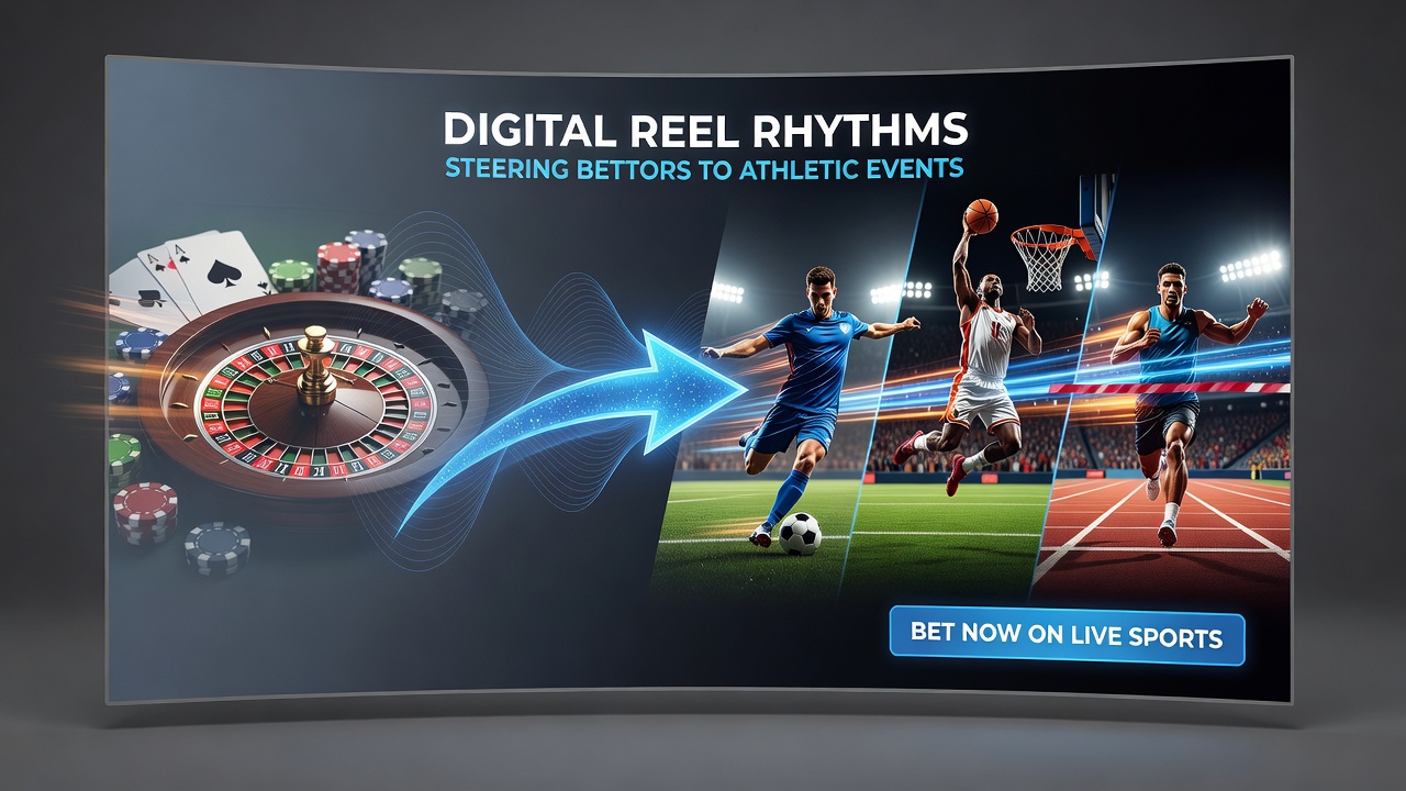 Portable device showing layered rewards transitioning from reel spins to live sports event betting screens with audio indicators