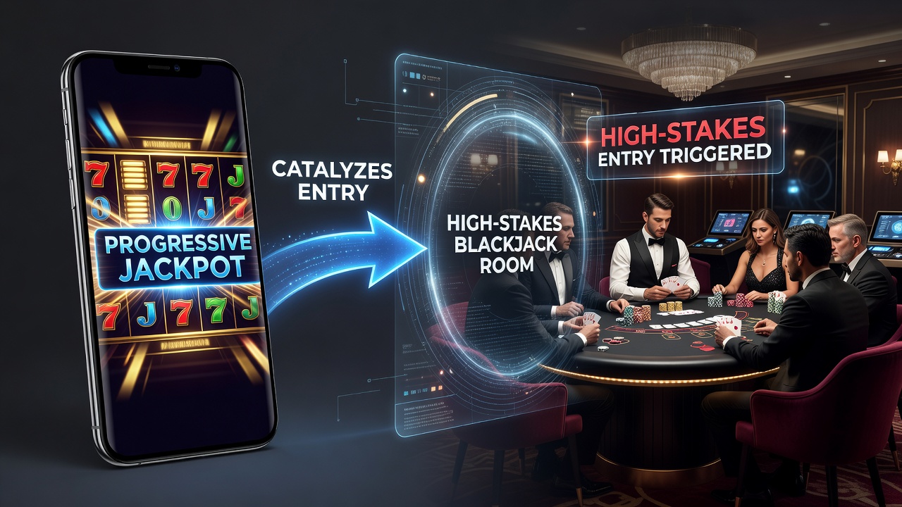High-stakes blackjack table view on mobile device showing VIP room entry confirmation after slot reward progression
