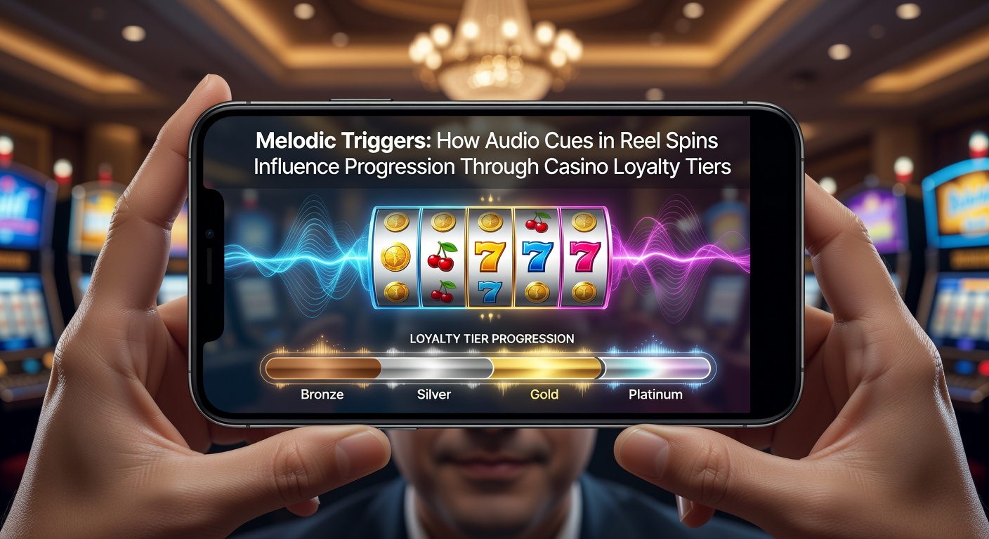 Mobile casino app displaying spinning reels with highlighted audio waveform indicators on a handheld screen