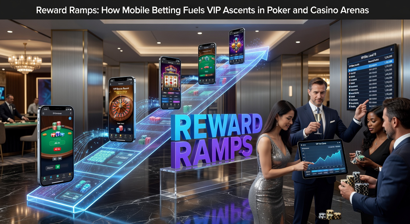 A sleek mobile phone screen displaying a poker app with VIP tier notifications and escalating reward badges, set against a casino table backdrop