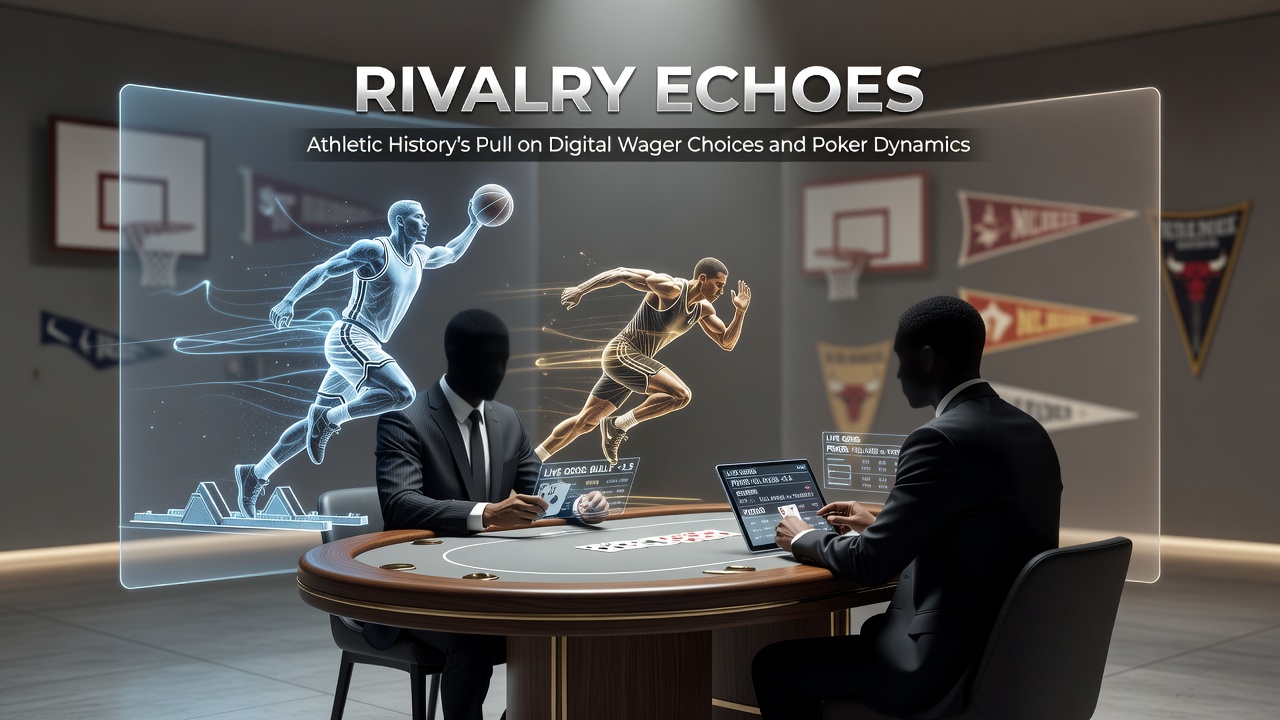 Poker table scene with digital overlays showing historical sports data