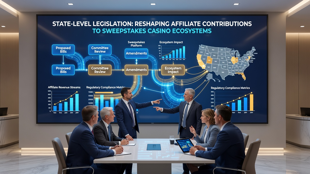 Affiliate marketing dashboard showing compliance checklists and state regulatory updates for sweepstakes platforms