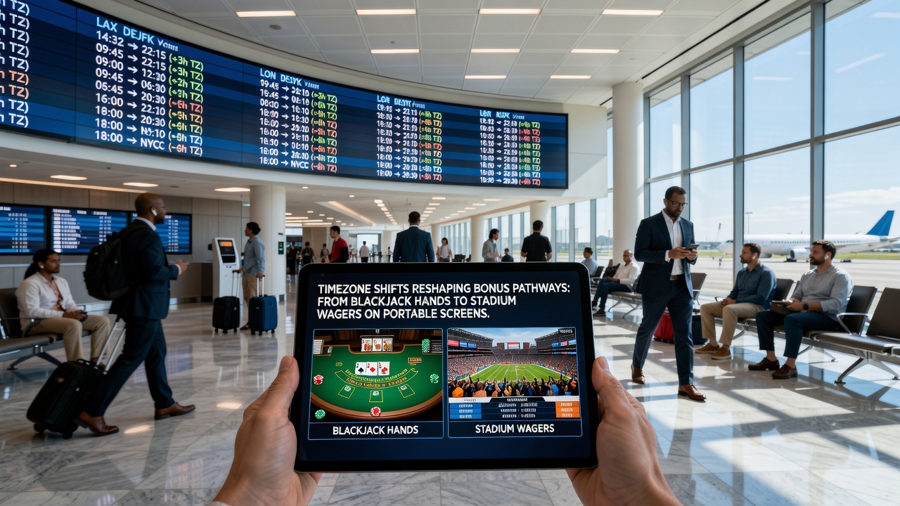 Stadium event odds displayed on smartphone next to blackjack payout notification with timezone indicators
